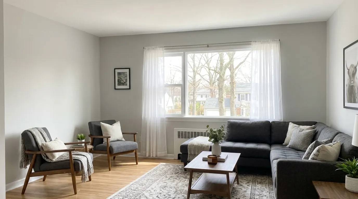 Same living room fully rebuilt and restored after fire damage