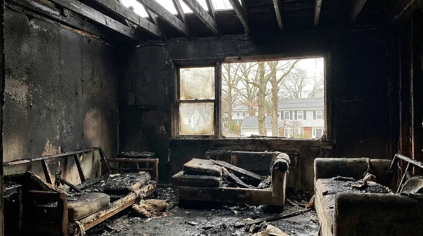 Living room with severe fire damage and charred walls before restoration