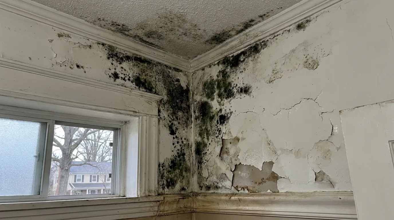 Bathroom wall with spreading mold before remediation