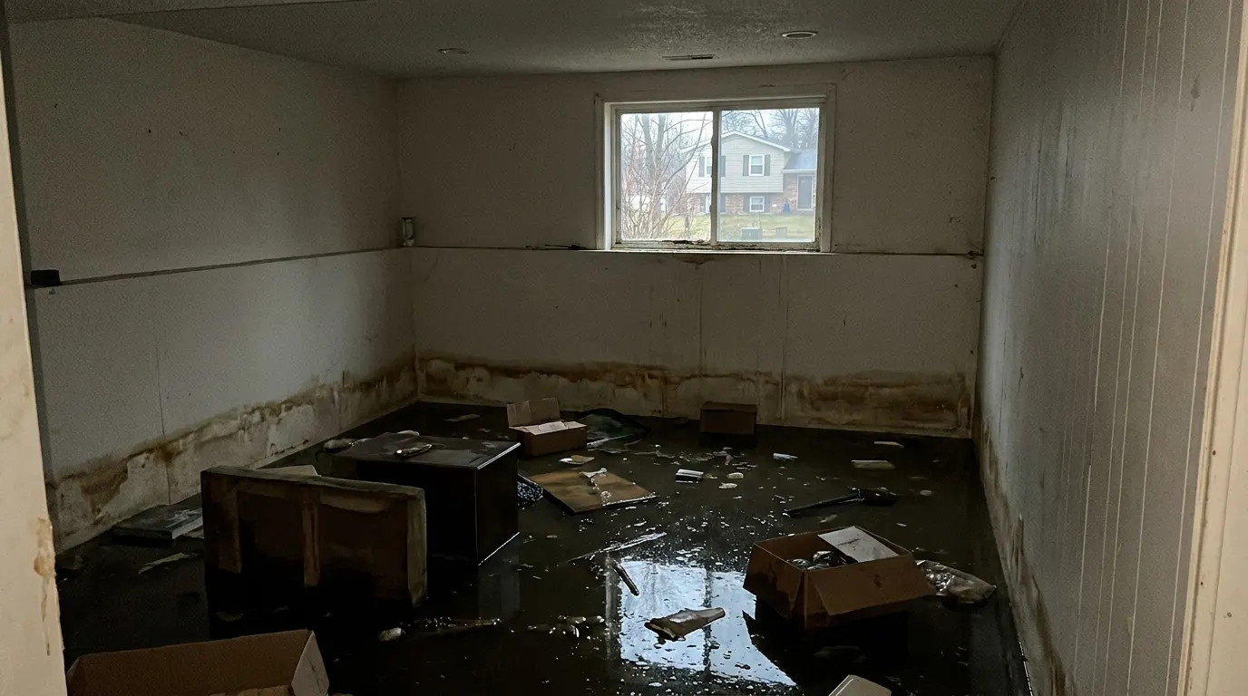 Basement flooded wall to wall by a sewage backup before cleanup
