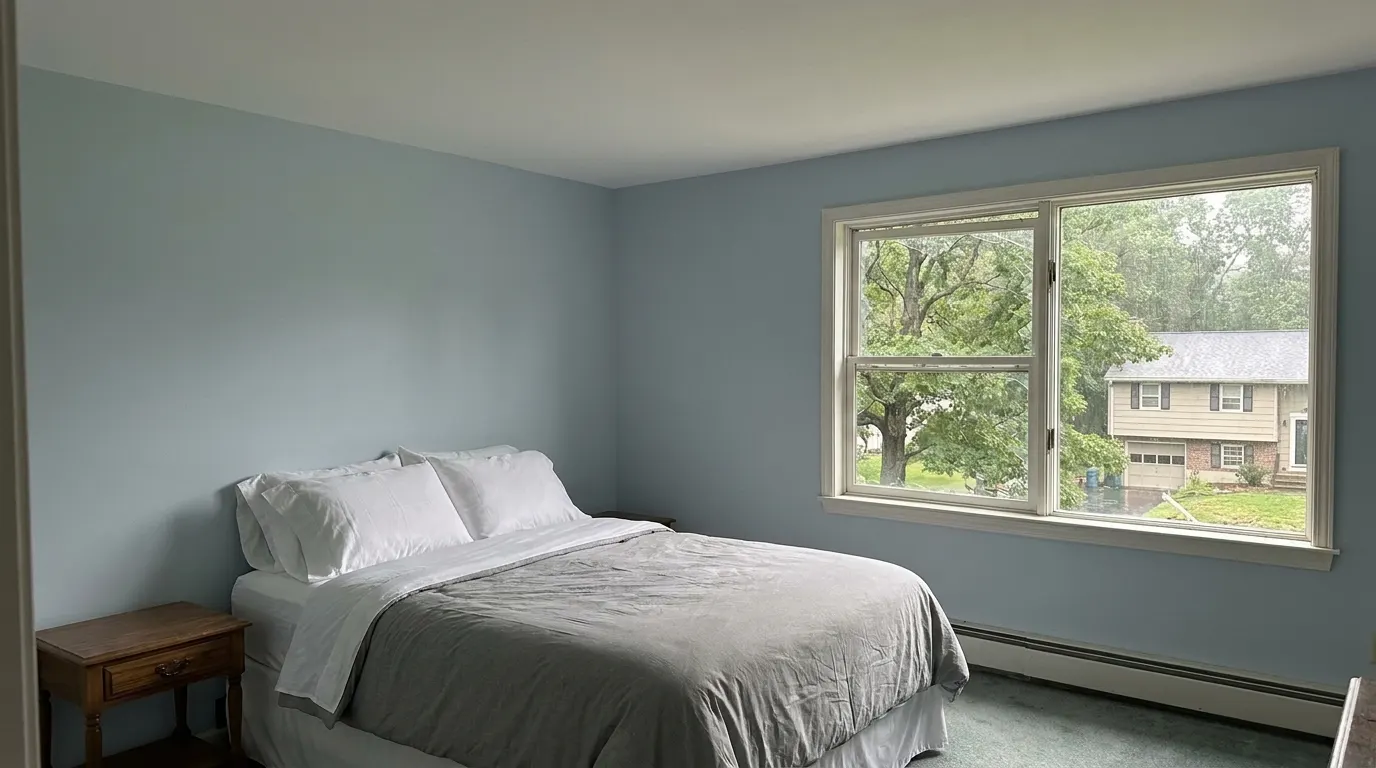 Same bedroom with rebuilt ceiling after storm damage restoration