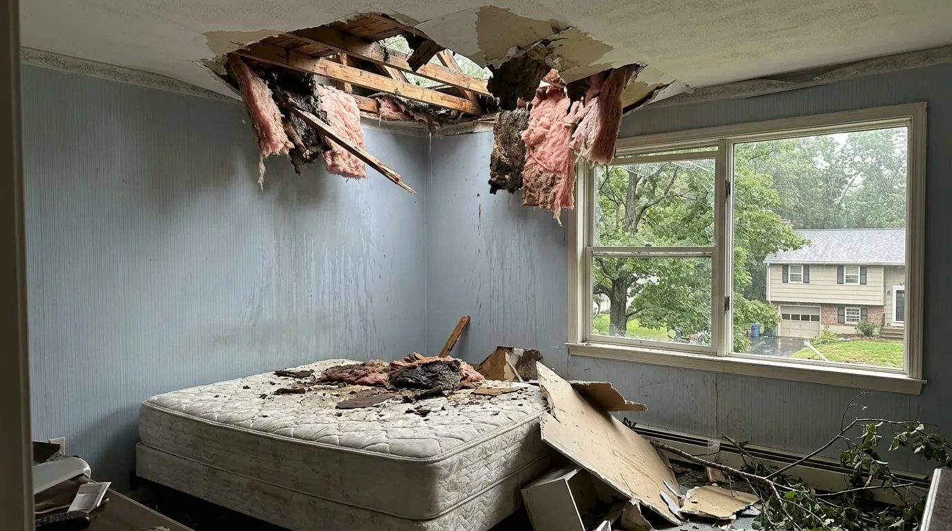 Bedroom with collapsed ceiling and storm debris before repair