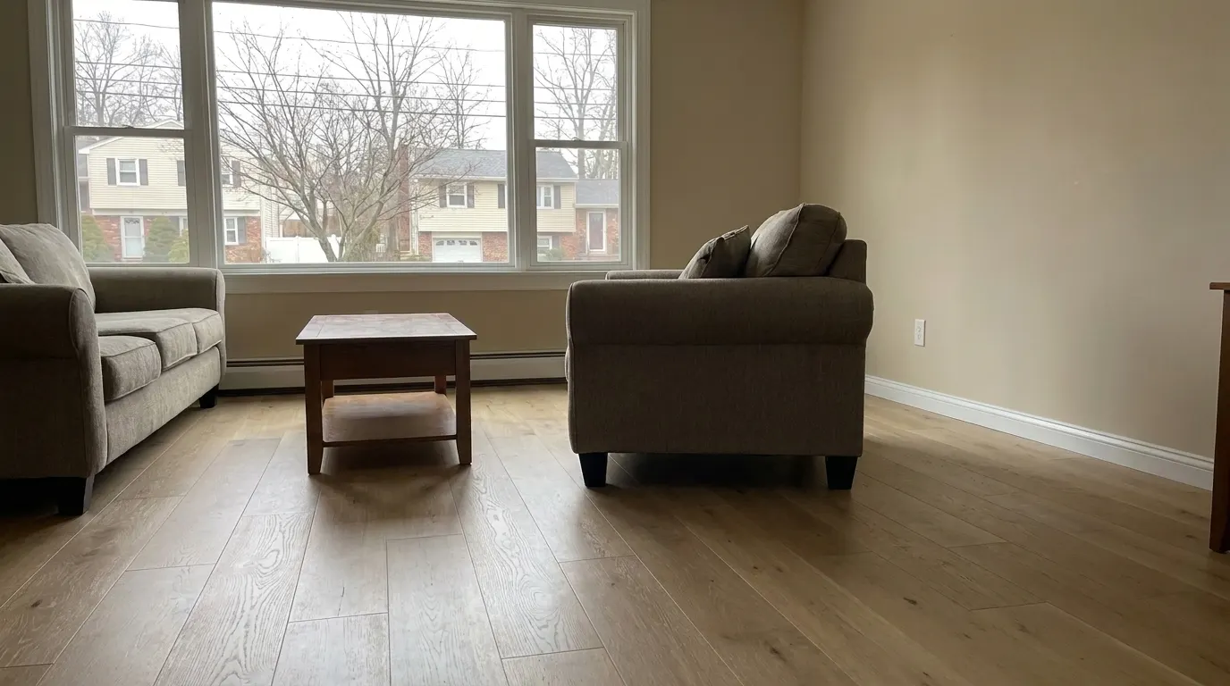 Same living room with new premium plank flooring and repaired walls after restoration