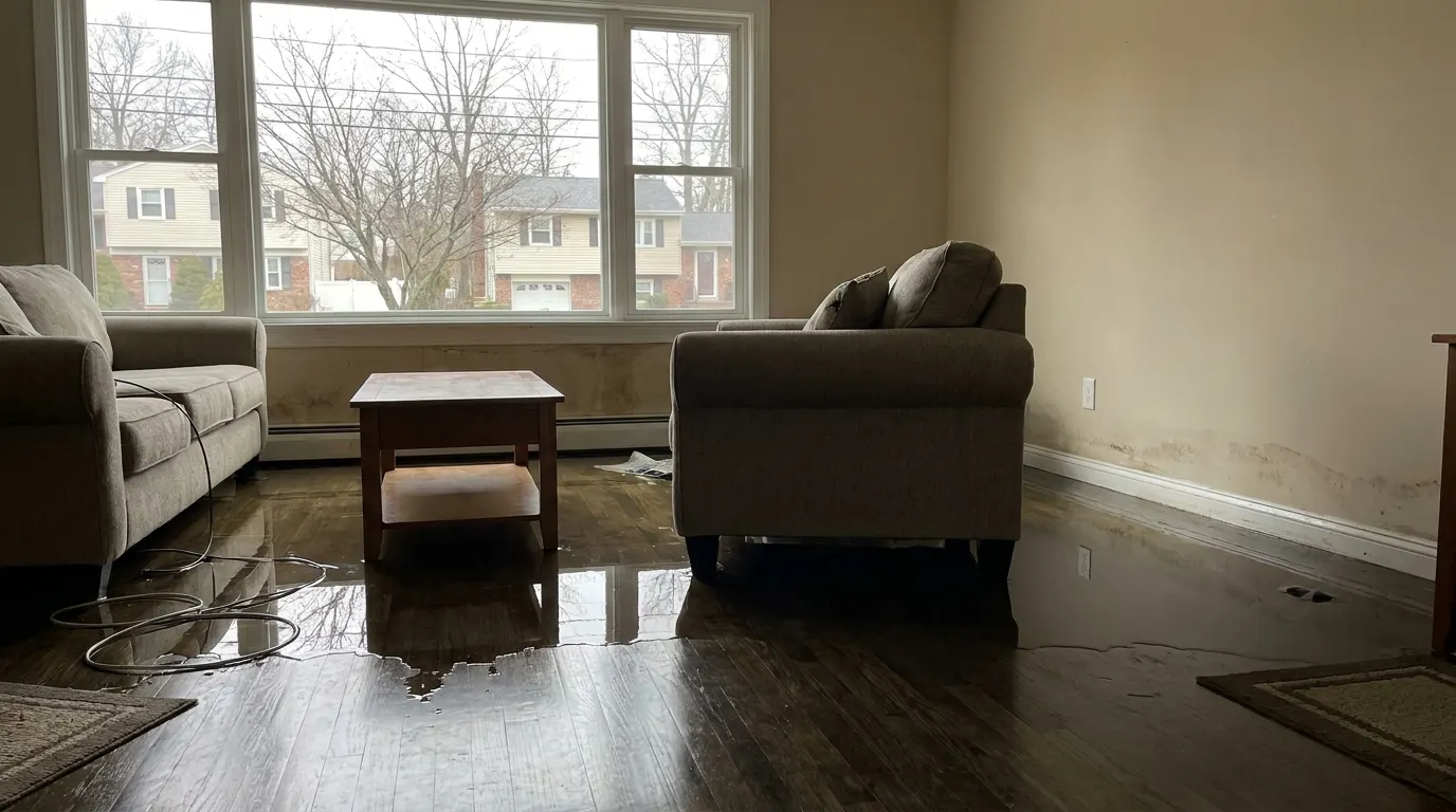 Flooded living room with standing water before restoration
